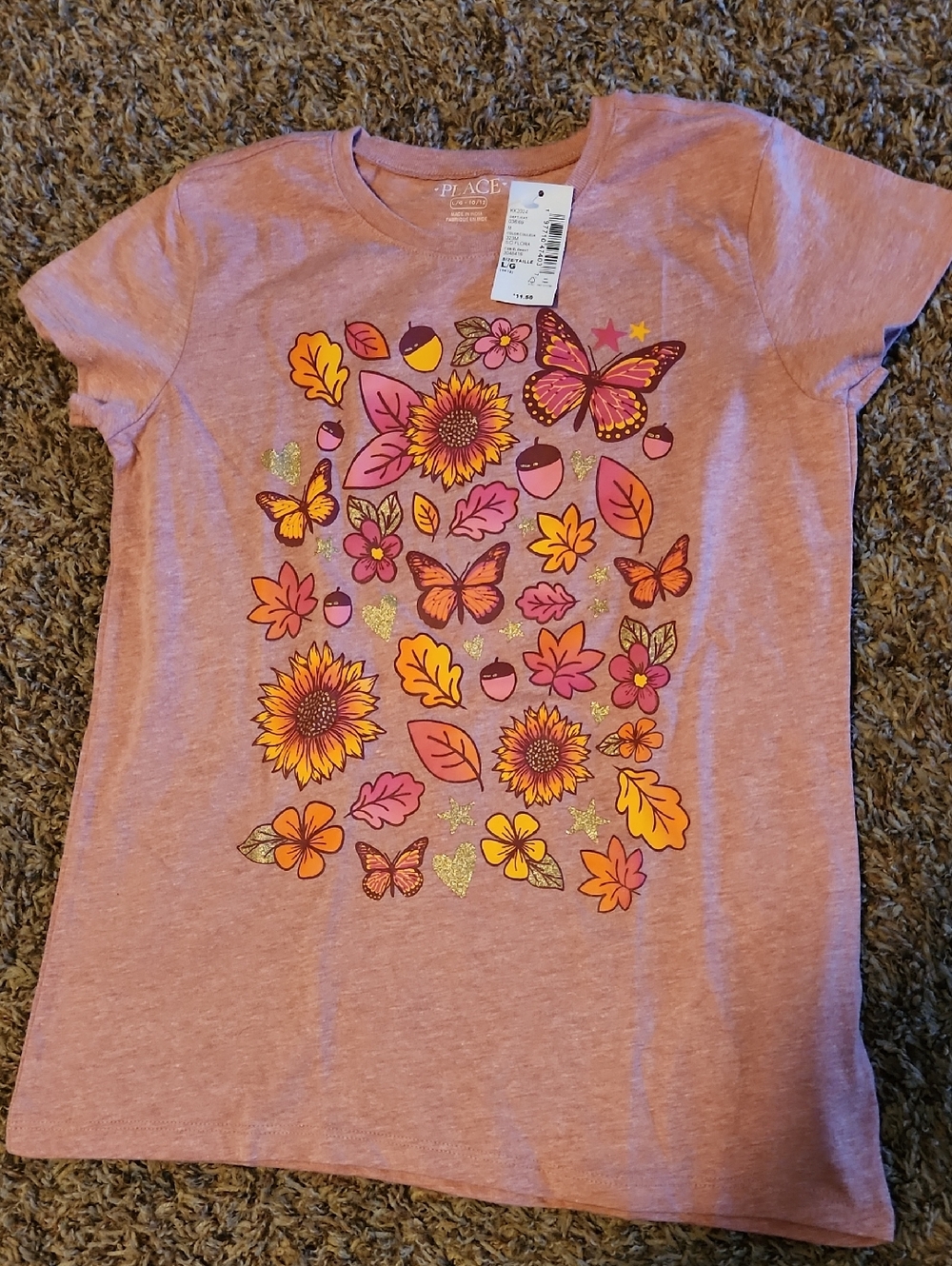 The Children's Place Pink Heather Tee with Butterfly & Sunflower Print